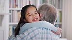 Love, grandfather or child in home with hug, childcare or bonding in healthy relationship. Trust, old person or grandchild with embrace, support or family connection for childhood development.