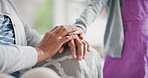 Holding hands, home and child with grandmother on sofa for love, support and bonding together. Family, care and person with girl in living room for empathy, connection and security in relationship