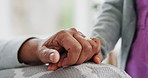Holding hands, home and child with grandmother on couch for love, support and bonding together. Family, care and person with girl in living room for empathy, connection and security in relationship