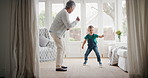 Dance, energy and grandmother with child in home with music for bonding, fun or connection together. Happy, support and senior woman with boy kid for groove to radio in living room at apartment.