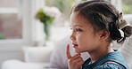 Idea, planning and thinking with girl child on sofa in home living room for development or future. Curious, vision and wonder with female kid in apartment for inspiration, problem solving or solution