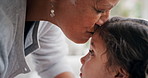 Grandmother, girl and kiss on forehead in home for love, trust and bonding with foster family. Kid, child and affection with grandparent for connection, generations or support for adoption in house