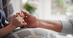 Holding hands, love and girl with grandmother on sofa  for home, support and bonding together. Family, care and person with child in living room for empathy, connection and security in relationship