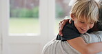 Happy, grandparent or boy in home with hug, childcare or bonding together in healthy relationship. Love, old woman or grandchild with embrace, support or family connection for childhood development.