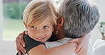 Love, grandparent or boy in lounge with hug, childcare or bonding in healthy relationship. Family, old woman or grandchild in home with embrace, support or connection for childhood development.