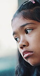 Thinking, sad and girl with reflection in house, family separation and abandon feelings for loneliness. Upset, childhood trauma or kid with depression in apartment, parents divorce or remember memory