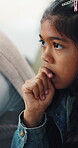 Anxiety, think or girl with stress for court, mental health crisis or family separation for distress. Reflection, custody battle or kid with depression for parents divorce, sad or nervous for hearing