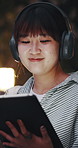Headphones, dancing and woman with smile, tablet for subscription and playlist album. Tech, sound and Asian person with happiness, radio and digital app for music, connection and internet for hip hop