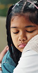 Sad, child and grandparent with hug in home for emotional support, comfort and trust with problem. Family, senior person and embrace kid in house for reassurance, console and security in relationship