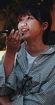 Voice recognition, phone and woman in home with contact, communication or networking on mobile app. Happy, technology and Asian female person with cellphone for online audio message in apartment.