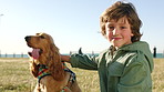 Dog, smile or child in park with face, animal care or bonding together on weekend break. Friendship, portrait or boy with golden retriever, puppy companion or pet connection in outdoor activity.