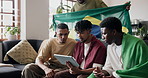 Disappointed, people and sports fan in home with tablet, watch football match and upset for game defeat. Friends, tech and streaming with soccer world cup foul, stress and competition loss in Brazil.