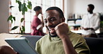 Fist pump, success and tablet with man on sofa in home living room for reaction to good news. App, celebration and notification with excited person in apartment for announcement, deal or surprise