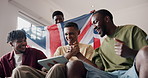 High five, United Kingdom flag and tablet with friends on sofa in home living room. Celebration, Great Britain and support with excited fan people in apartment for streaming or subscription service