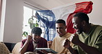 Tablet, friends and win in home, streaming video or fist bump for cheering national team. Technology, watch match and celebrate with men, handshake or excited fans with French flag for sports game