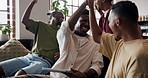 Competition, high five and tablet with friends on sofa in home living room for sports streaming. App, celebration and victory with group of excited people in apartment for achievement or team support