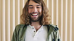 Education, face and funny with student man at college for development, learning or scholarship. Hair, laughing and study with happy person on school or university campus for academics or knowledge