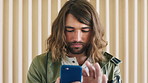 Reading, confused or man with phone in creative agency, check project deadline or digital work newsletter. Review calendar, email and person with mobile for message on staff bulletin, smile and app