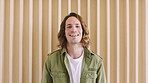 Face, laugh and business man in office, creative copywriter and person with opportunity. Portrait, smile and funny professional with pride, content writer or employee with space in workplace in USA