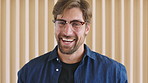 Face, business and man in office, funny and writer for creative agency, pride and glasses. About us, person and journalist in workplace, clear vision and eyewear with humor, joke and career ambition