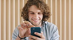 Laugh, office and businessman with phone for reading, brand specialist and online for message. Tech, startup and creative worker with email, networking and promotion for campaign on social media