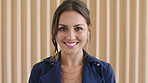 Face, copywriting and woman in office, smile and writer for creative agency, laughing and about us. Employee, person and journalist in workplace, funny and feedback for proposal or career ambition
