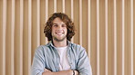 Face, confidence and business man in office, creative copywriter and person with pride. Portrait, smile and  professional with arms crossed in workplace, content writer or employee with space in USA