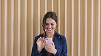 Office, smile and business woman with phone, scroll meme or post on social media with space. Mobile, marketer and person in workplace for communication, check ads and reading funny joke on internet