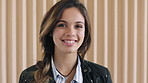 Face, business and woman in office, happiness and writer for creative agency, smile and about us. Career ambition, person and journalist in workplace, professional and copywriting for news report