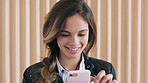 Office, smile and business woman with mobile, scroll email or post on social media for ads. Phone, marketer and person in workplace for communication, check campaign and reading review on internet