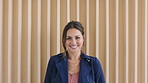 Face, creative and business woman in office, confident copywriter and person with opportunity. Portrait, smile and  professional with pride, employee or content writer with space in workplace in Uk