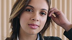 Face, woman and pride in office for journalist career, news reporting and job development. Publishing agency, growth and positive attitude for creative opportunity, ambition and about us in newsroom
