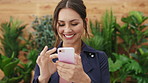 Business, smile and woman in office, cellphone for social media and digital app for online joke. Happy person, internet and employee in workplace, scroll or smartphone for email or message to contact