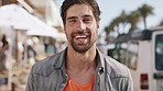 Travel, face or man in town with laugh, positive attitude or summer break in urban vacation. Portrait, tourist holiday or male person with happiness, good mood or city sightseeing in Los Angeles.