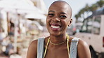 Travel, face or black woman in town with laugh, positive attitude or summer break in urban vacation. Portrait, tourist holiday or person with happiness, good mood or city sightseeing in Los Angeles.