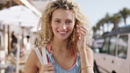 Happy, holidayl and face of woman in city for travel, getaway or weekend trip in summer with relax. Smile, confident and portrait of female person on vacation with positive attitude in urban town.