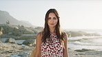 Fashion, holiday and face of woman on beach for vacation, summer and travel for sightseeing outdoor. Style, nature and portrait of person by ocean for break, trip and relax on weekend for tourism