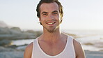 Beach, face and man with smile on holiday, laugh and relax on summer adventure in nature and travel. Ocean, traveler and person on vacation for tourism, happy and humor on weekend in San Francisco