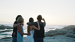 Happy, friends and selfie of people on beach for social media, holiday photos and online post. Travel, summer and men with woman for pictures, memories and hangout for vacation together on weekend