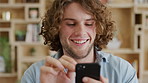 Business, smartphone and man in office, funny and internet for social media, digital app and online humor. Person, employee or professional in workplace, cellphone or message to contact and laughing