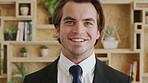 Happy, professional and face of businessman in office with confidence for finance career. Smile, job development and portrait of male financial manager with pride for company about us in workplace.