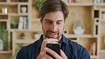 Business, funny and man in office, cellphone for social media or digital app for communication. Person, laughing or employee in workplace, smartphone and message to contact, happiness or online joke