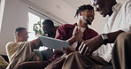 Celebration, handshake and tablet with friends on sofa in home living room for sports streaming. App, competition and hug with group of excited people in apartment for achievement or team support