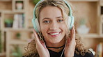 Headphones, happy and face of woman at university listening to music, radio or podcast. Audio tech, smile and portrait of female student streaming playlist, song or album on college campus in London.