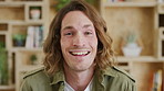 Face, funny and business man in agency as screenwriter, about us and excited for career. Portrait, worker and professional employee laughing, script writer and happy person in creative office in Uk
