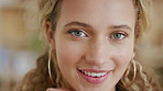 Face, skincare and woman with beauty, glow and shine with natural aesthetic for self care. Portrait, dermatology and happy person with cosmetics for skin texture, health and wellness in home