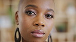 Serious, professional and face of black woman in office with confidence for creative career growth. Job development, startup and portrait of African magazine editor with pride for business about us.