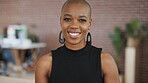 Fashion, happy or black woman in office with face, experience or job as clothing specialist. Portrait, coworking or designer in workplace with confidence, stylist or ambition in creative industry.