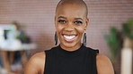 Fashion, happy or black woman in agency with face, experience or job as clothing specialist. Smile, coworking or designer in workplace with confidence, stylist or ambition in creative industry.