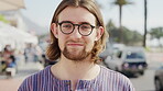 Travel, face or man in town with glasses, downtown trip or summer break in urban vacation. Portrait, bokeh or male person outdoor with specs, tourist holiday or city sightseeing in Los Angeles.